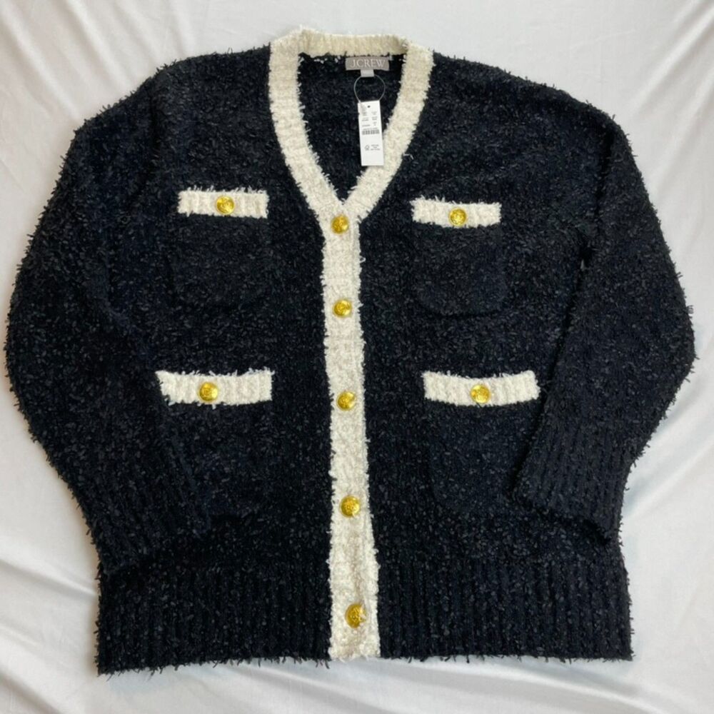 J Crew NWT Black Contrast Boucle Gold Button Lady Cardigan Sweater Size S